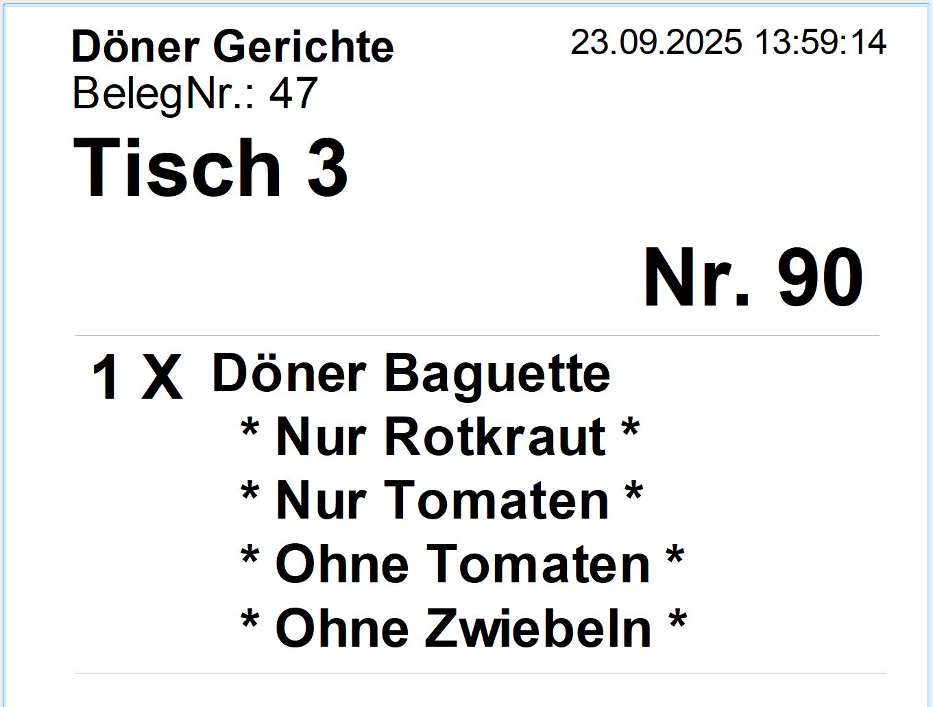 Küchen-Bon Hanware Restaurant - Döner Gerichte, Tisch 3, Bestell-Nr. 90, mit Sonderwünschen